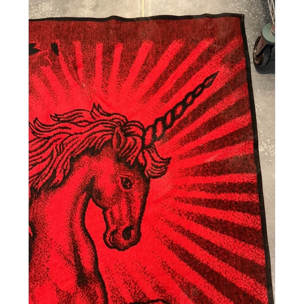 Vintage San Marcos Unicorn Blanket Cobija Red/Black Reversible Aprrox 72